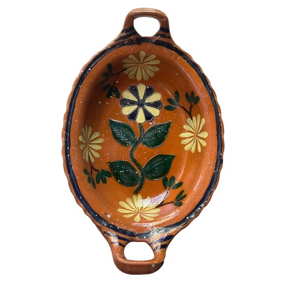 Handmade Other - New Handmade Mexican Clay Pottery Handpainted Oval Bowl handles Terracotta